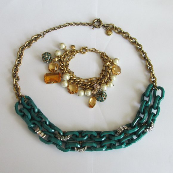 J Crew Necklace & Bracelet Goldtone Rhinestone Faux Pearl Teal – Autumn Colours - Picture 1 of 4